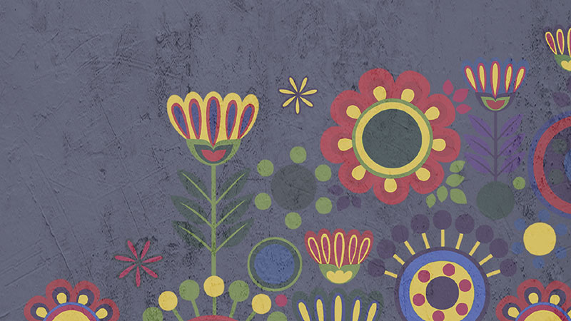 Svart botten. färgglada, stilistiska, grafiska blommor.