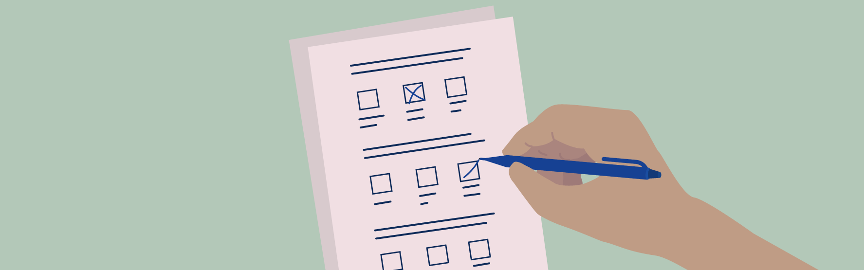 Illustration av en hand som kryssar i ett formulär med blå penna