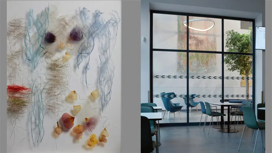 Två bilder, där det ena är en närbild på verket blomblad, och det andra en vy mot länkbyggnaden där ett textilt verk anas.