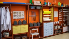 Ett hyllsystem fullt med pysselmaterial - pennor, linjaler, papper, tejp, plastlådor med tyger med mera. Till höger hänger vita labbrockar på en stång, teckningar ligger på tork på hyllor och längst upp står olika konstverk i papper. En vit träpall står längst ner. Väggen är målad orange och lådor är målade i ljust gult och blått.
