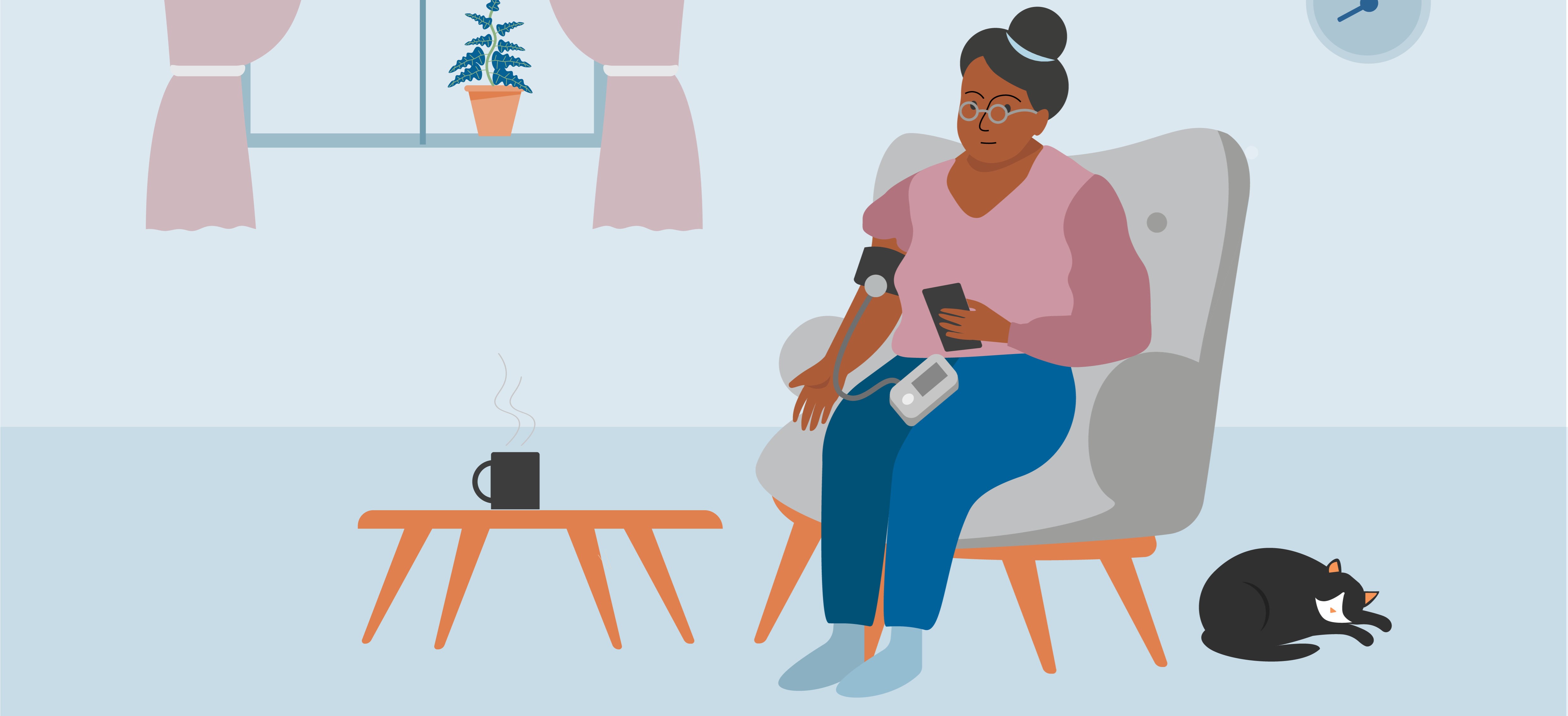 En kvinna egenmonitorerar sig i hemmamiljö