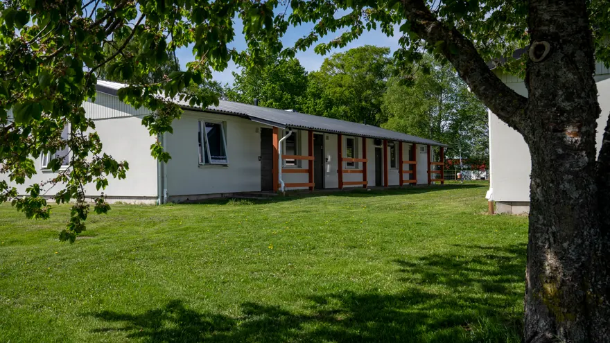 Internatbyggnad omgivet av gräsmatta och lummiga träd