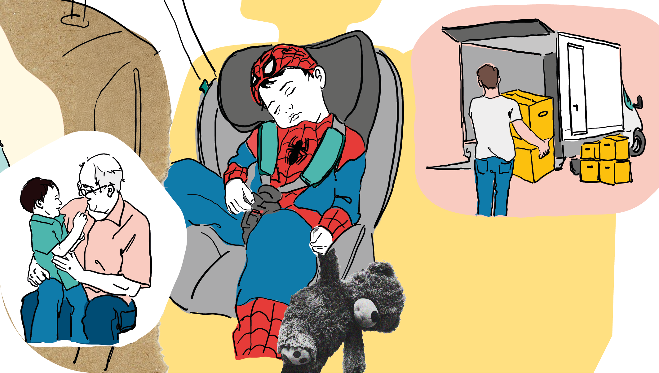 Illustration av tre bilder. En äldre man och ett barn, ett barn som sover samt en vuxen person som lastar flyttlådor i en lastbil.