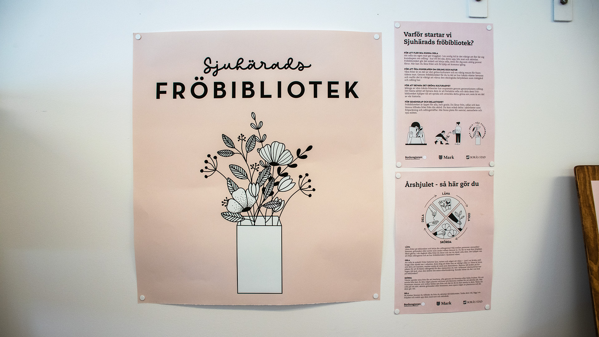 Tre rosa affischer sitter på en vägg. De tre affischerna berättar om varför fröbiblioteket har startats och hur man använder det.