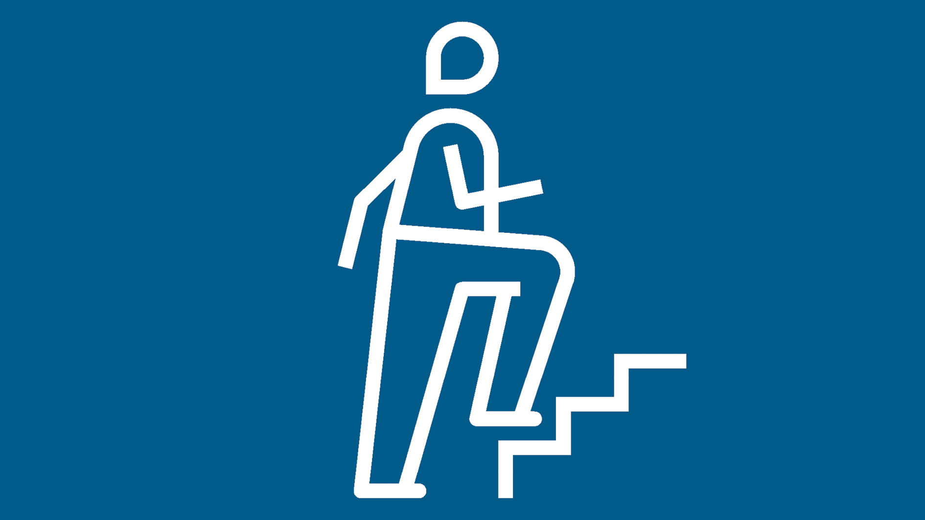 Vit gubbe som går uppför en trappa på blå bakgrund