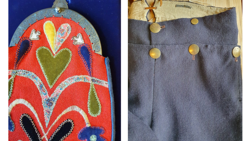 Detalj från kjolsäck i rött med applikationer och från herrbyxor i blått ylle med linnefoder och mässingknappar