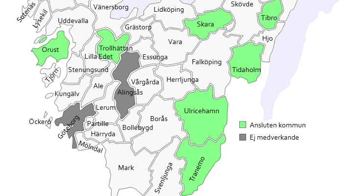 Kartbild som visar konturen av alla kommuner i Västra Götaland.